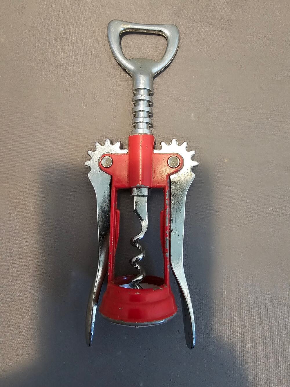 Red/Silver Corkscrew Wine Bottle Opener w/Fins - Push Down - 6-1/2"